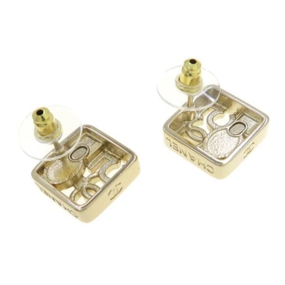 CHANEL CC Logos Rhinestone Pearl No.5 Square Stud Earrings Gold Tone - Picture 3 of 9